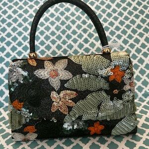 Haute Hippie Black and Green floral Sequin Clutch